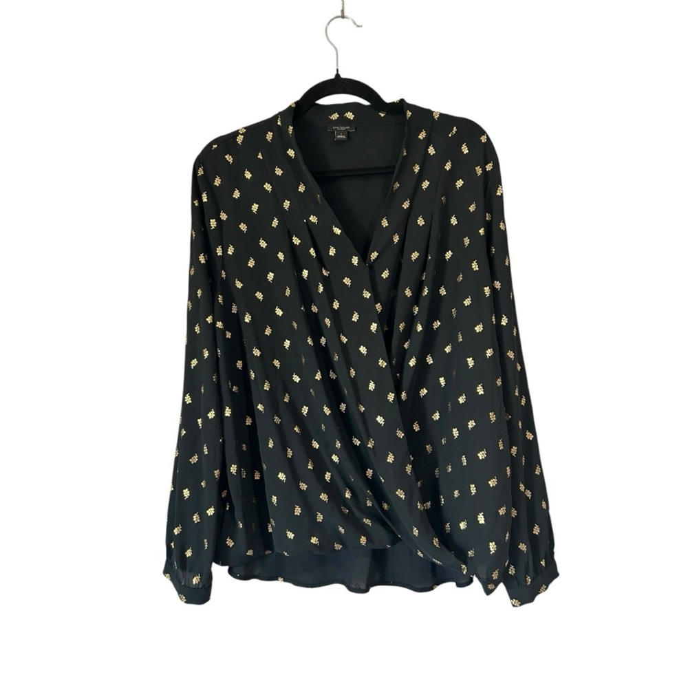 Ann Taylor Factory Black Gold Foil Floral Surplice Wrap Blouse Large